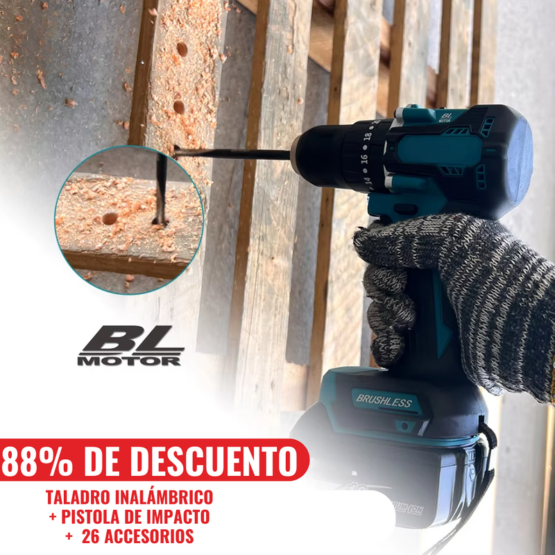 KIT ORIGINAL: TALADRO INALÁMBRICO con PISTOLA DE IMPACTO + 26 ACCESORIOS + 2 BATERIAS PROMOCIÓN CIERRE DE TIENDA - Envío Gratis 24H MRW (Cópia)